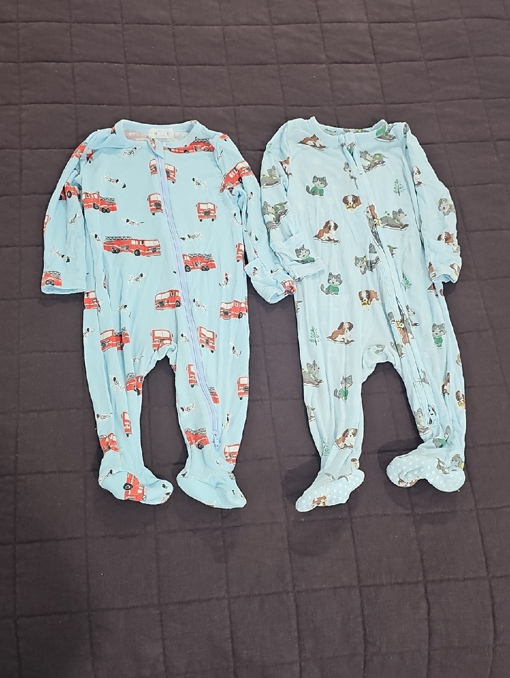 Angel Dear Light Blue Two-Pack Footed Pajamas with Fire Truck & Woodland Prints